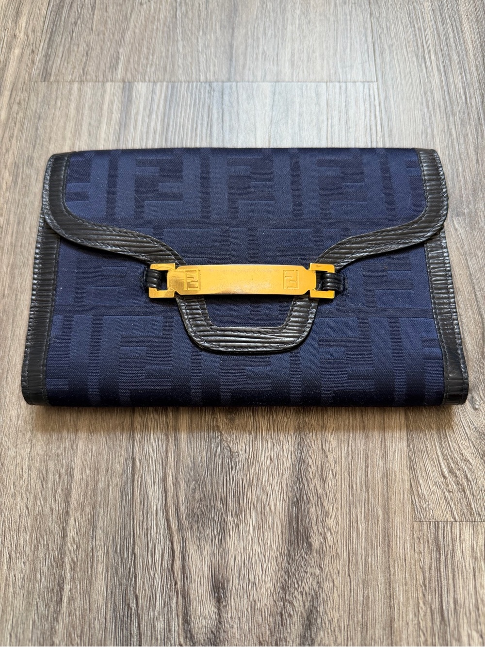 Vintage Fendi Zucca Monogram Print Navy Blue Wallet / Organizer